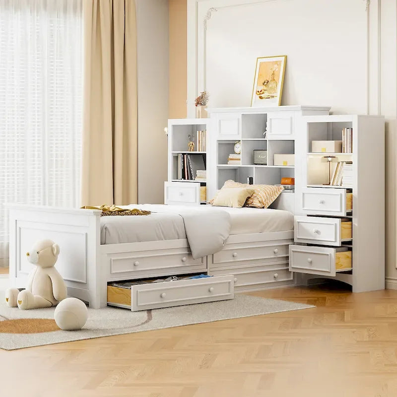 Gray/White Twin Platform Bed with Headboard Storage, 4 Drawers, for 1–2 Users