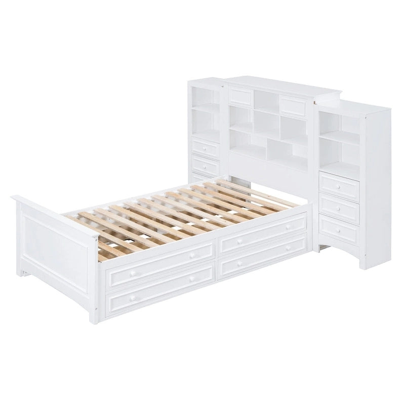 Gray/White Twin Platform Bed with Headboard Storage, 4 Drawers, for 1–2 Users