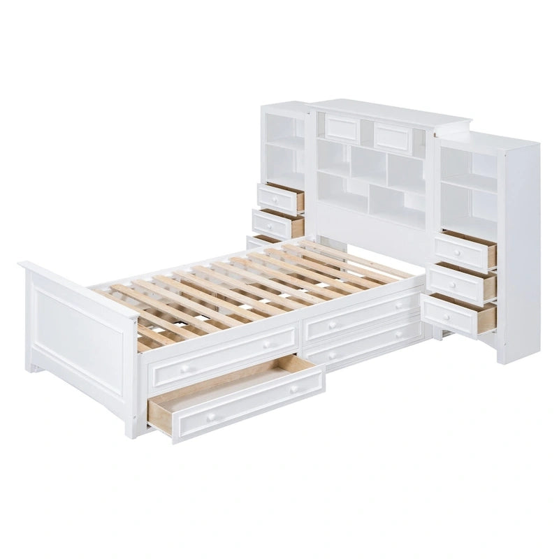 Gray/White Twin Platform Bed with Headboard Storage, 4 Drawers, for 1–2 Users