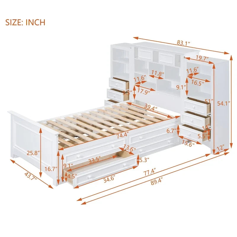 Gray/White Twin Platform Bed with Headboard Storage, 4 Drawers, for 1–2 Users