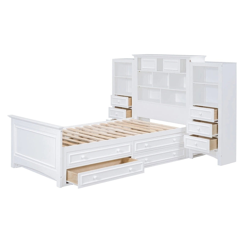 Gray/White Twin Platform Bed with Headboard Storage, 4 Drawers, for 1–2 Users