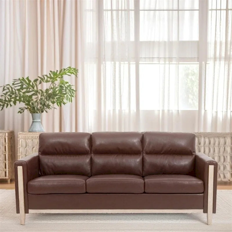 Brown / Beige 3-Seater Sofa with Side Pocket, PU & Fabric