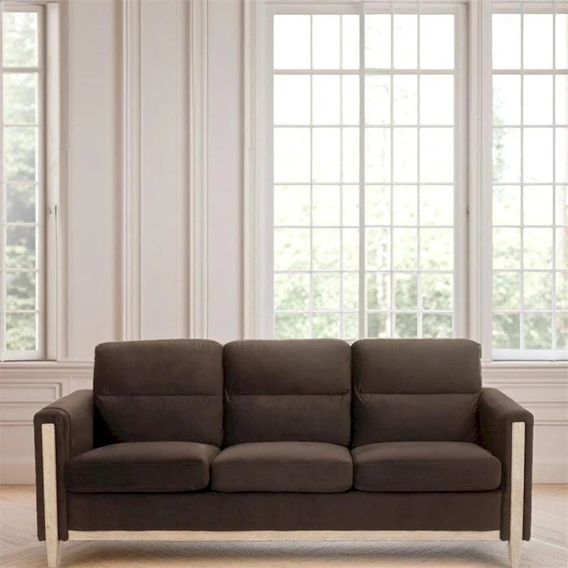 Brown / Beige 3-Seater Sofa with Side Pocket, PU & Fabric