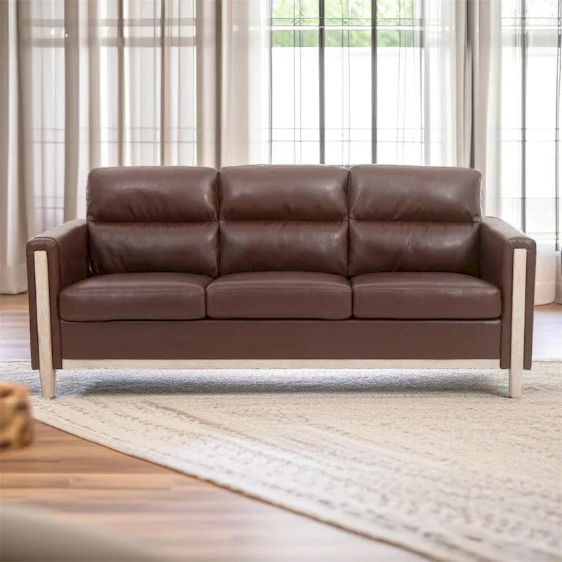 Brown / Beige 3-Seater Sofa with Side Pocket, PU & Fabric