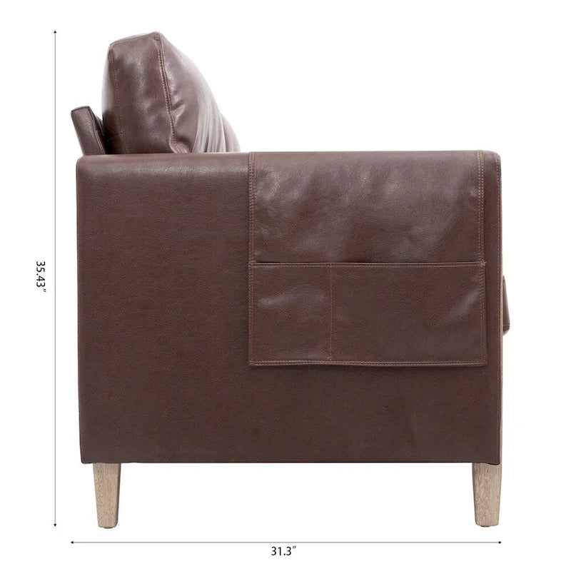 Brown / Beige 3-Seater Sofa with Side Pocket, PU & Fabric