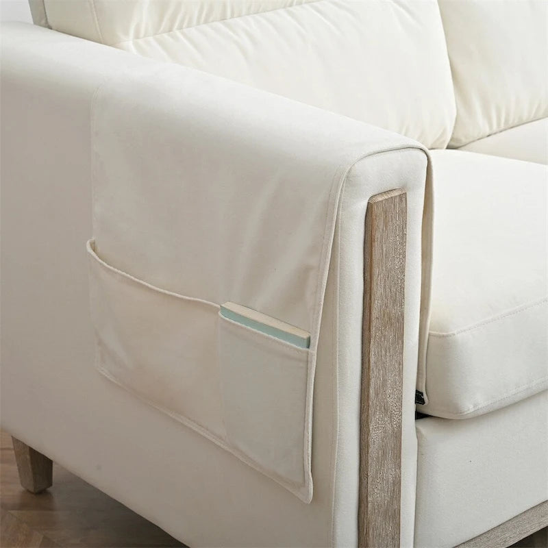 Brown / Beige 3-Seater Sofa with Side Pocket, PU & Fabric