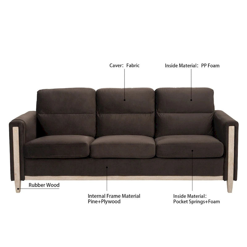 Brown / Beige 3-Seater Sofa with Side Pocket, PU & Fabric