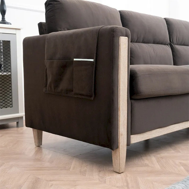 Brown / Beige 3-Seater Sofa with Side Pocket, PU & Fabric