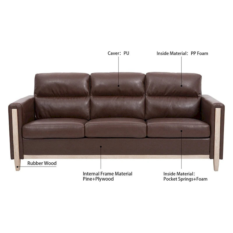 Brown / Beige 3-Seater Sofa with Side Pocket, PU & Fabric