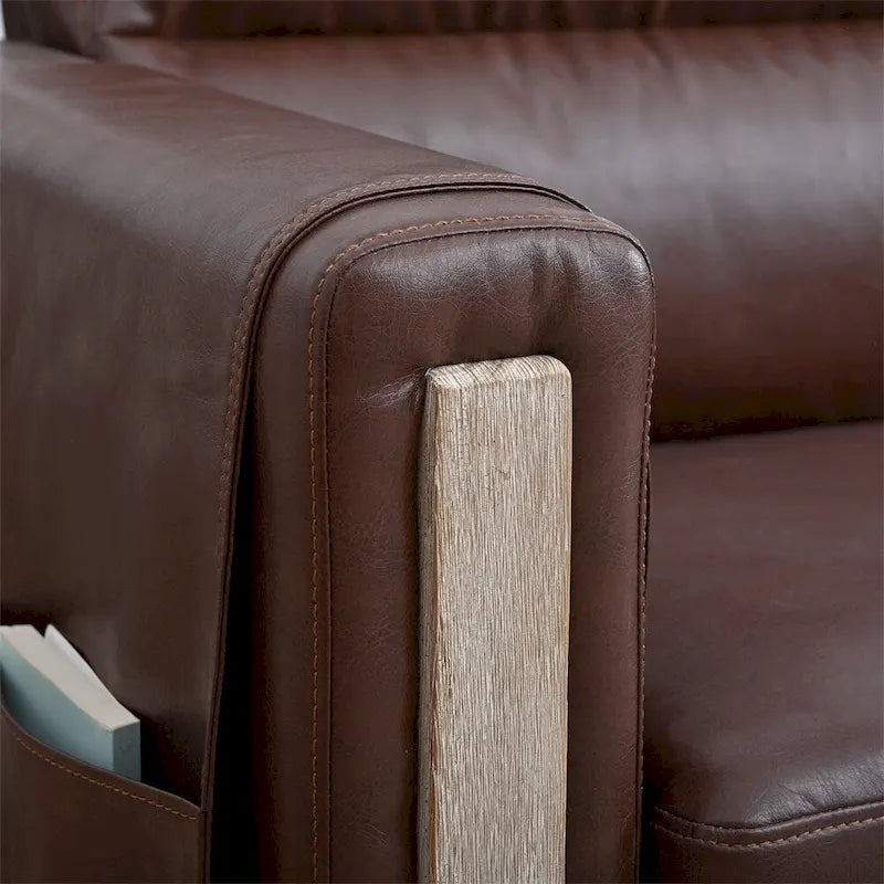 Brown / Beige 3-Seater Sofa with Side Pocket, PU & Fabric