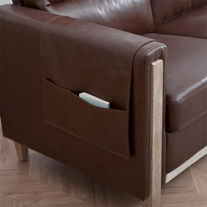 Brown / Beige 3-Seater Sofa with Side Pocket, PU & Fabric
