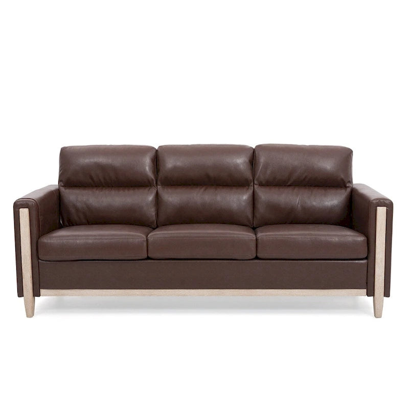Brown / Beige 3-Seater Sofa with Side Pocket, PU & Fabric