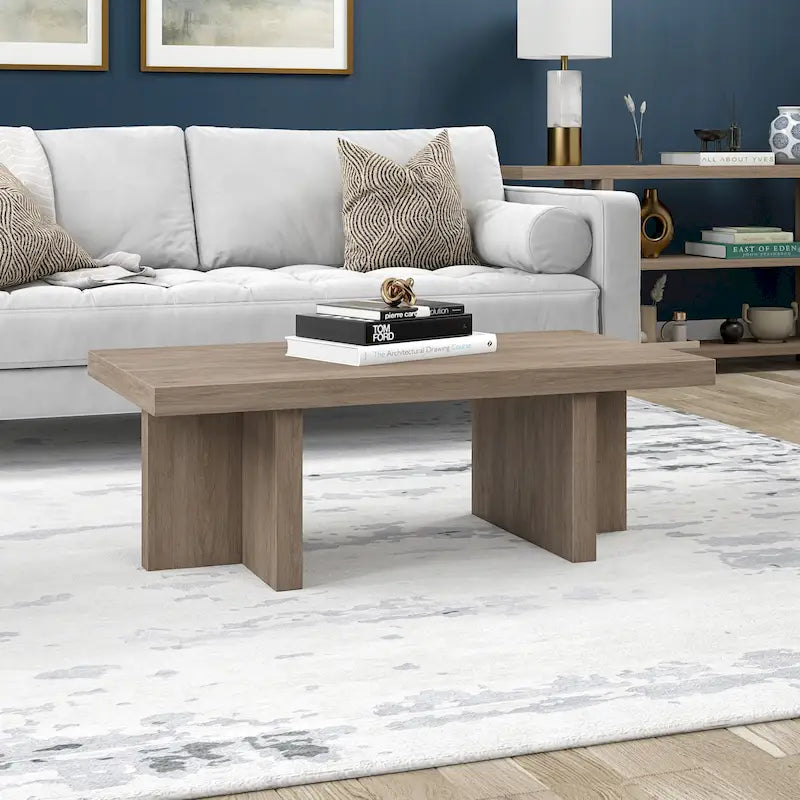 44" Rectangular Coffee Table — Black Grain / Gray Oak / Alder White, Double Pillar T-Leg