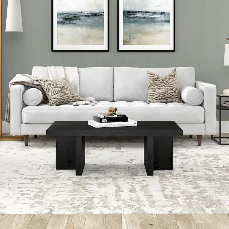 44" Rectangular Coffee Table — Black Grain / Gray Oak / Alder White, Double Pillar T-Leg