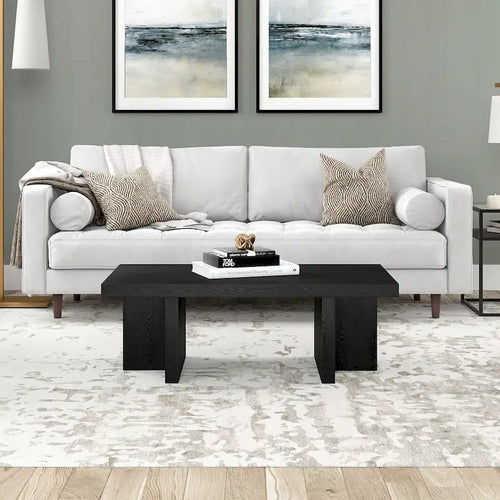 44" Rectangular Coffee Table — Black Grain / Gray Oak / Alder White, Double Pillar T-Leg