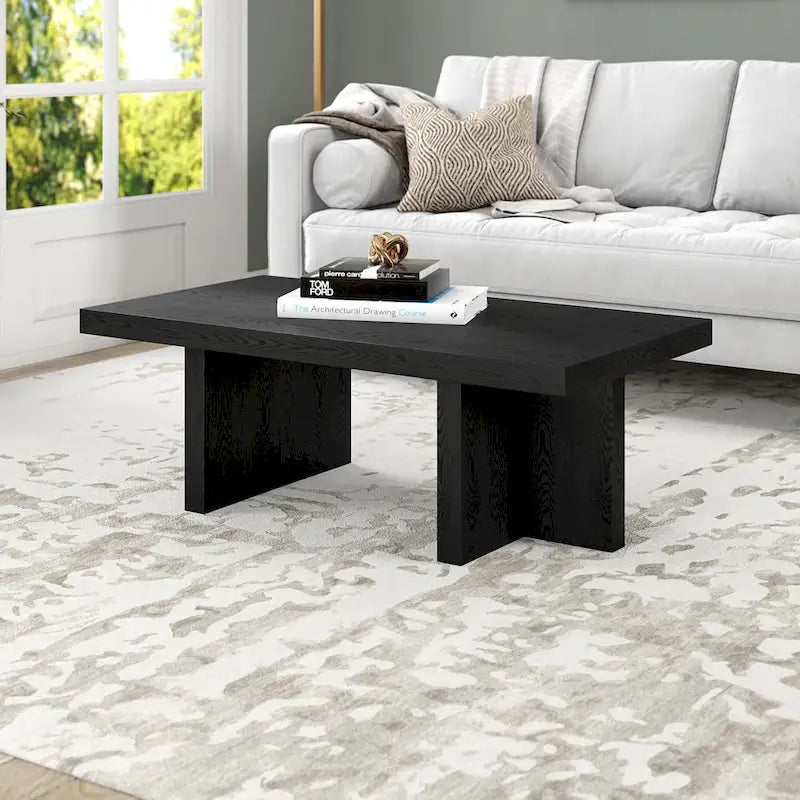 44" Rectangular Coffee Table — Black Grain / Gray Oak / Alder White, Double Pillar T-Leg