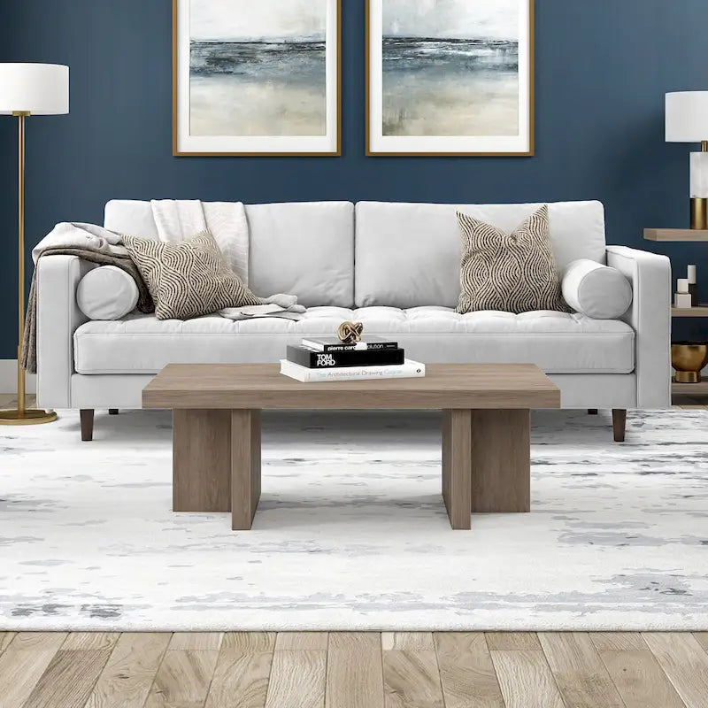 44" Rectangular Coffee Table — Black Grain / Gray Oak / Alder White, Double Pillar T-Leg