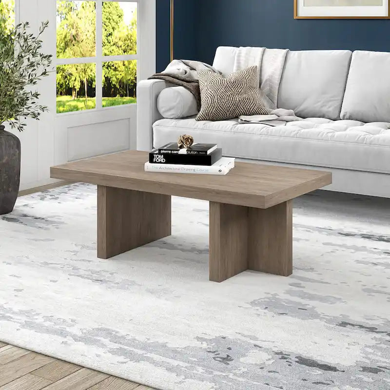 44" Rectangular Coffee Table — Black Grain / Gray Oak / Alder White, Double Pillar T-Leg