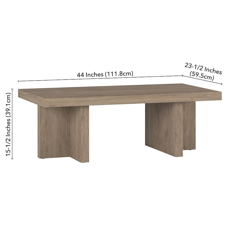 44" Rectangular Coffee Table — Black Grain / Gray Oak / Alder White, Double Pillar T-Leg