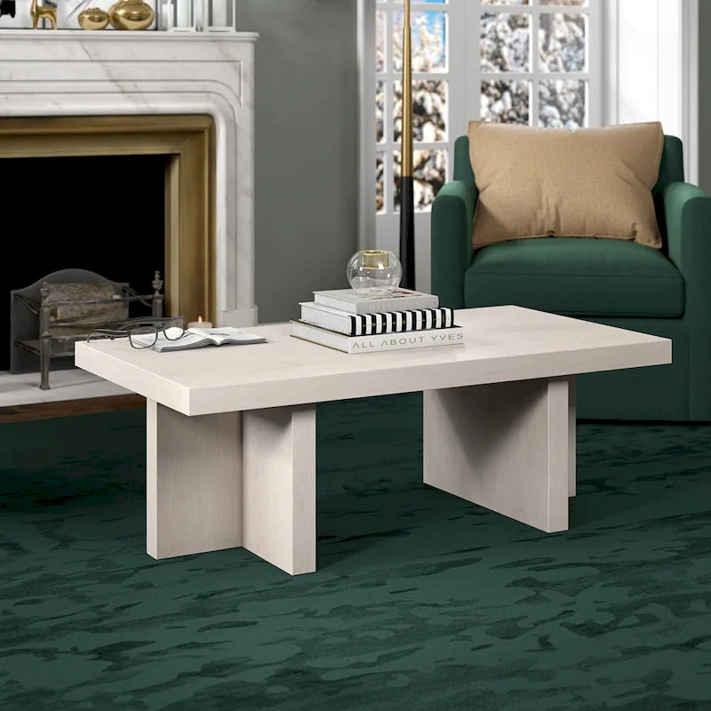 44" Rectangular Coffee Table — Black Grain / Gray Oak / Alder White, Double Pillar T-Leg