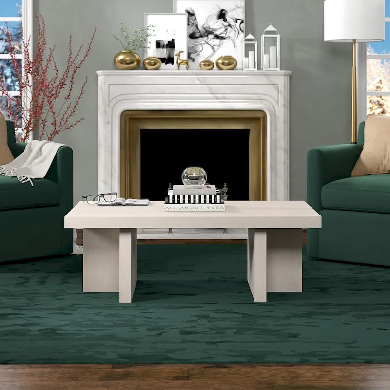 44" Rectangular Coffee Table — Black Grain / Gray Oak / Alder White, Double Pillar T-Leg