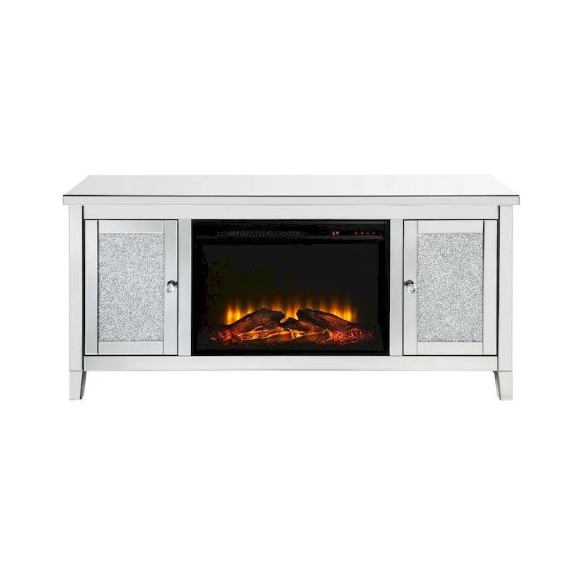 Silver TV Stand with Electric Fireplace, Mirror Panel, Single Unit