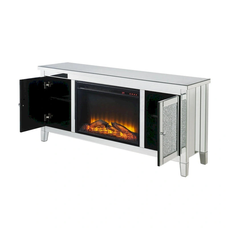 Silver TV Stand with Electric Fireplace, Mirror Panel, Single Unit