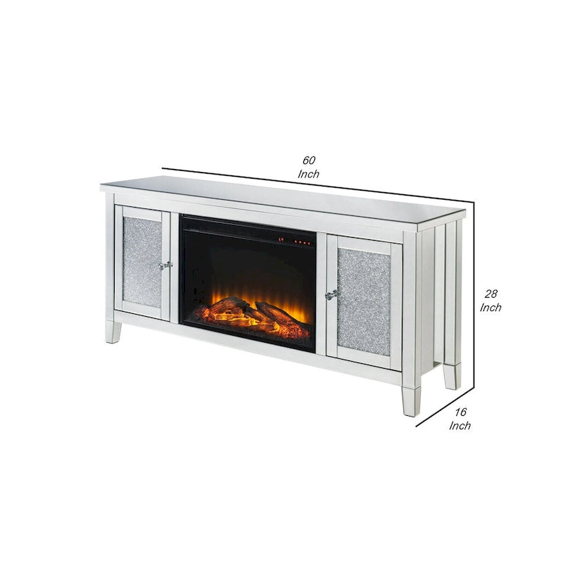 Silver TV Stand with Electric Fireplace, Mirror Panel, Single Unit