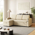 Beige L-Shaped Convertible Sectional Sofa Bed for 3, Pull-Out Sleeper with Storage & USB Charging