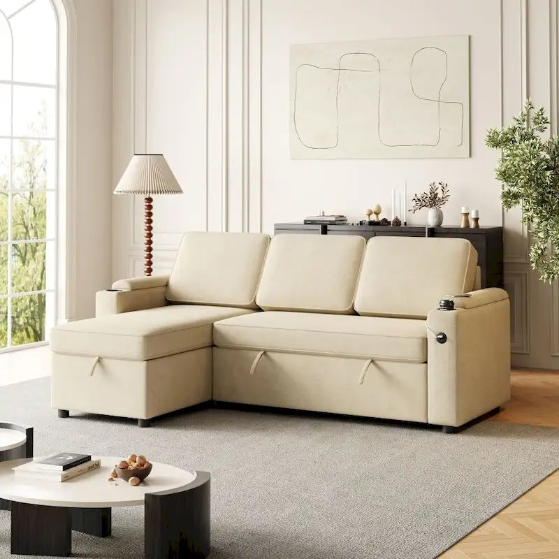 Beige L-Shaped Convertible Sectional Sofa Bed for 3, Pull-Out Sleeper with Storage & USB Charging