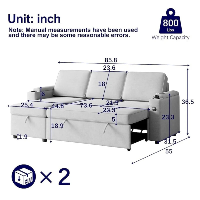 Beige L-Shaped Convertible Sectional Sofa Bed for 3, Pull-Out Sleeper with Storage & USB Charging