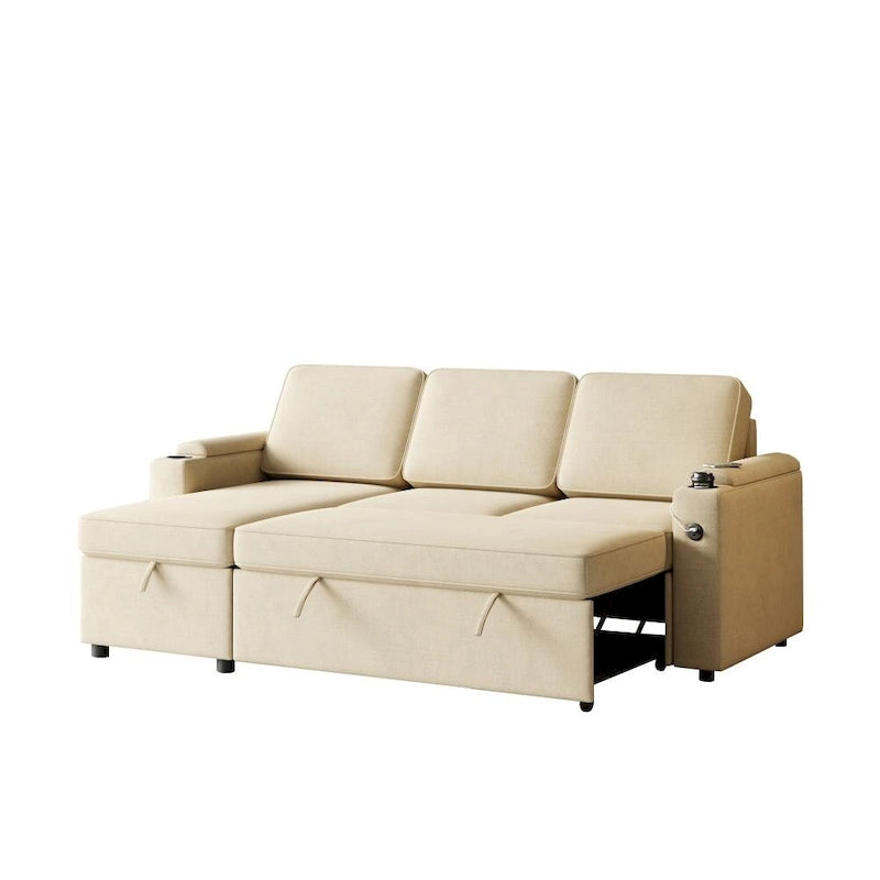 Beige L-Shaped Convertible Sectional Sofa Bed for 3, Pull-Out Sleeper with Storage & USB Charging