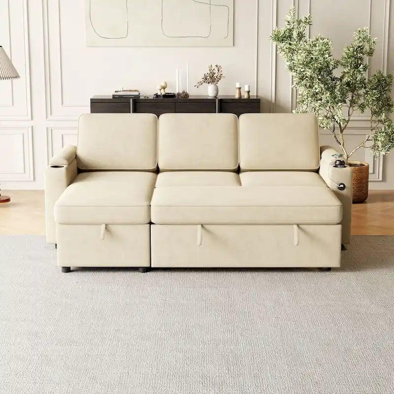 Beige L-Shaped Convertible Sectional Sofa Bed for 3, Pull-Out Sleeper with Storage & USB Charging