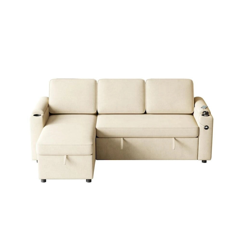 Beige L-Shaped Convertible Sectional Sofa Bed for 3, Pull-Out Sleeper with Storage & USB Charging