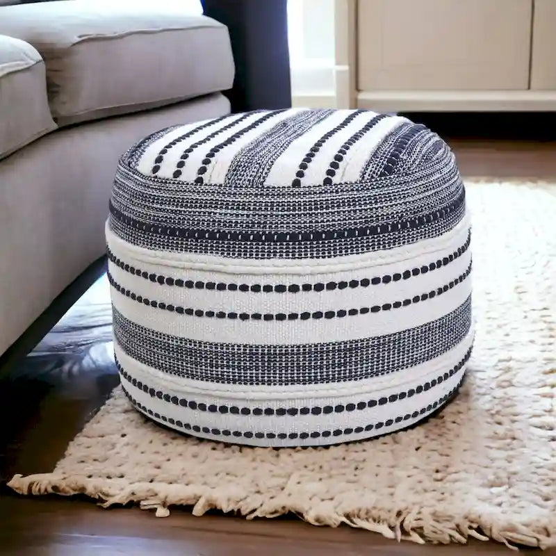 Blue Cotton Pouf Ottoman – 1-Person Seating, 18-Inch