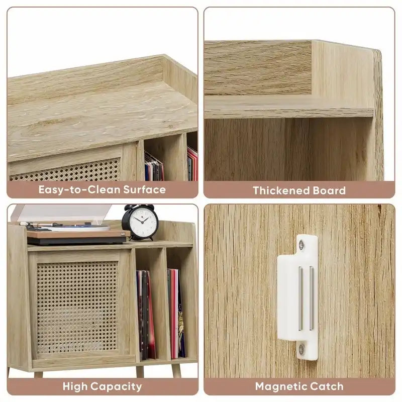 Natural Rattan Record Player Stand with Storage, Single