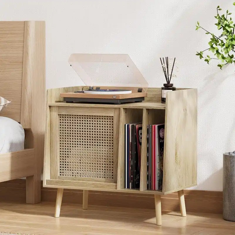 Natural Rattan Record Player Stand with Storage, Single