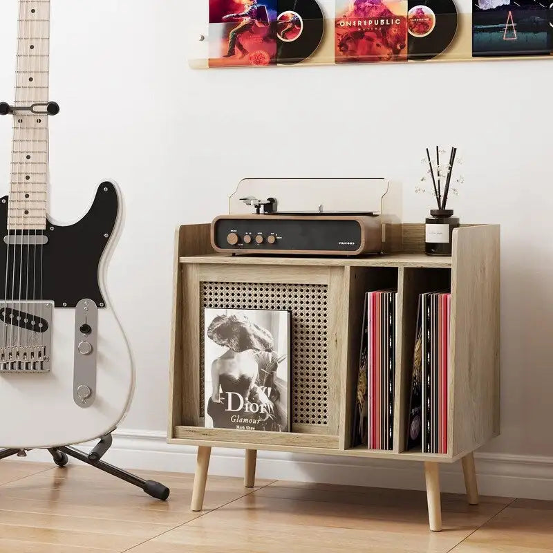 Natural Rattan Record Player Stand with Storage, Single