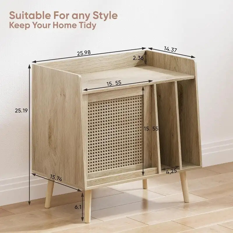 Natural Rattan Record Player Stand with Storage, Single
