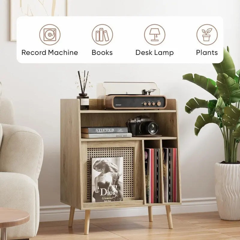 Natural Rattan Record Player Stand with Storage, Single