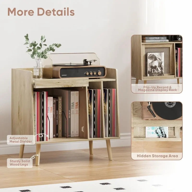 Natural Rattan Record Player Stand with Storage, Single