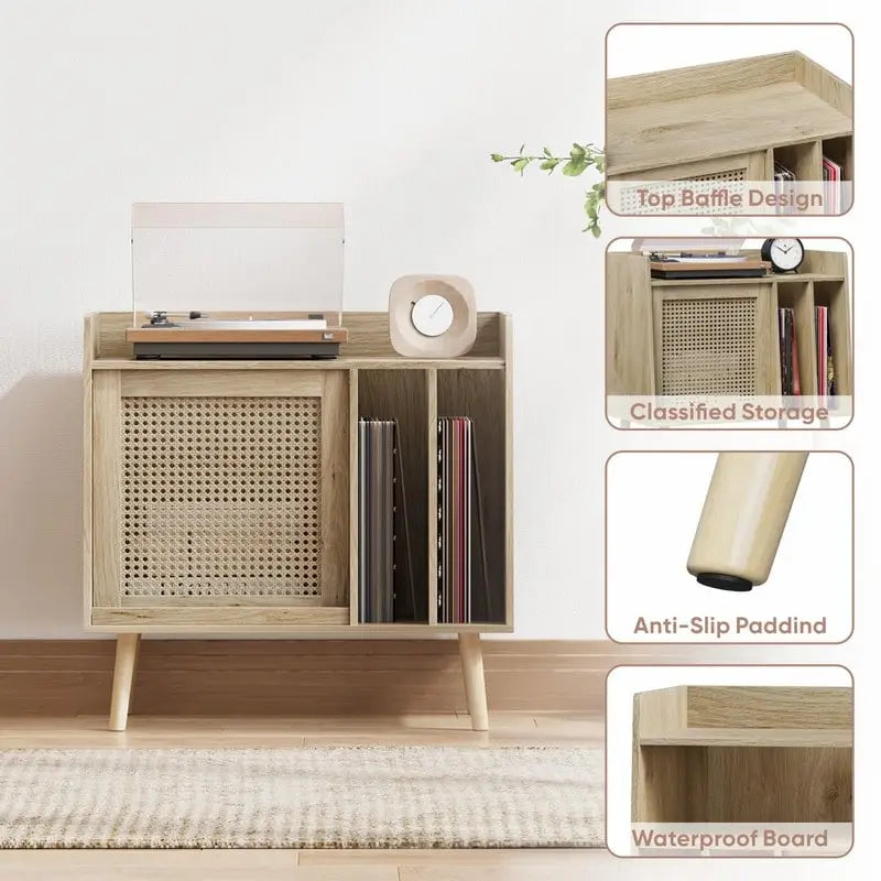 Natural Rattan Record Player Stand with Storage, Single