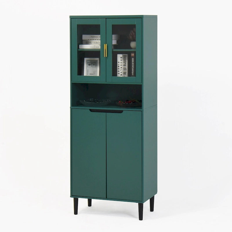 Green/Blue/White Tall Storage Cabinet with Glass Doors, 2-Person Use
