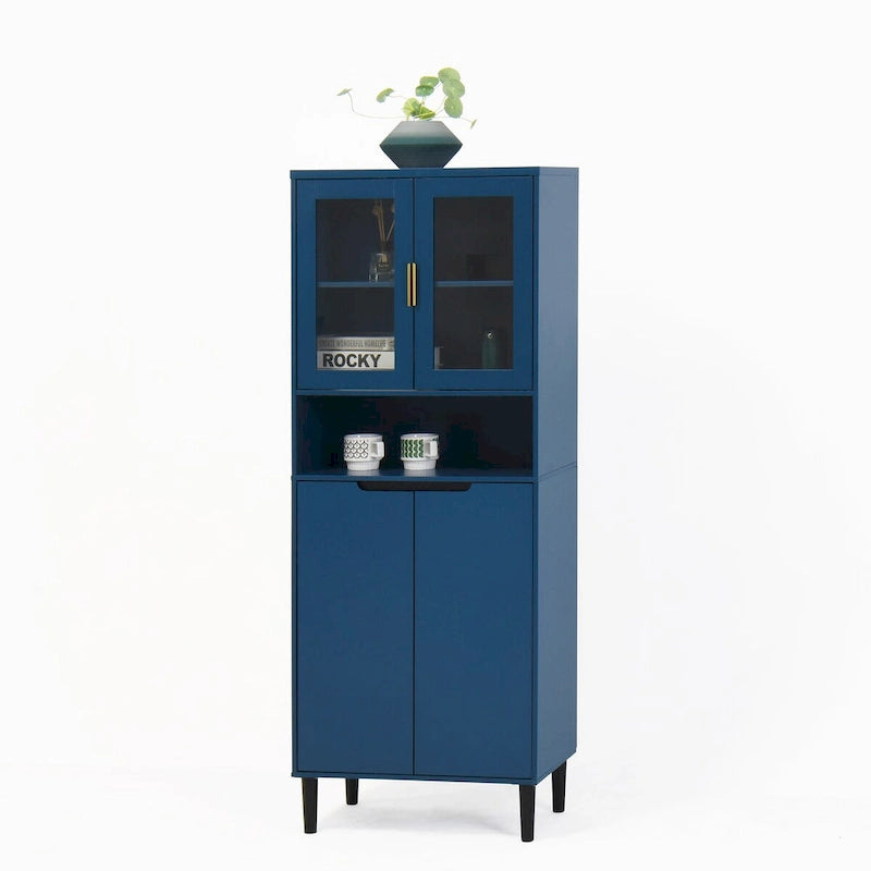 Green/Blue/White Tall Storage Cabinet with Glass Doors, 2-Person Use