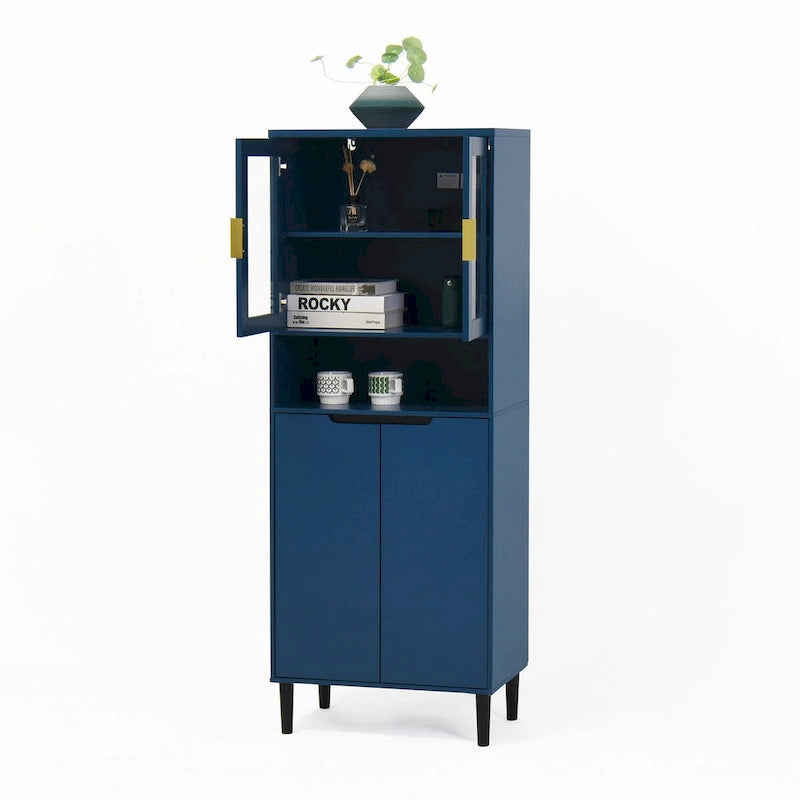 Green/Blue/White Tall Storage Cabinet with Glass Doors, 2-Person Use
