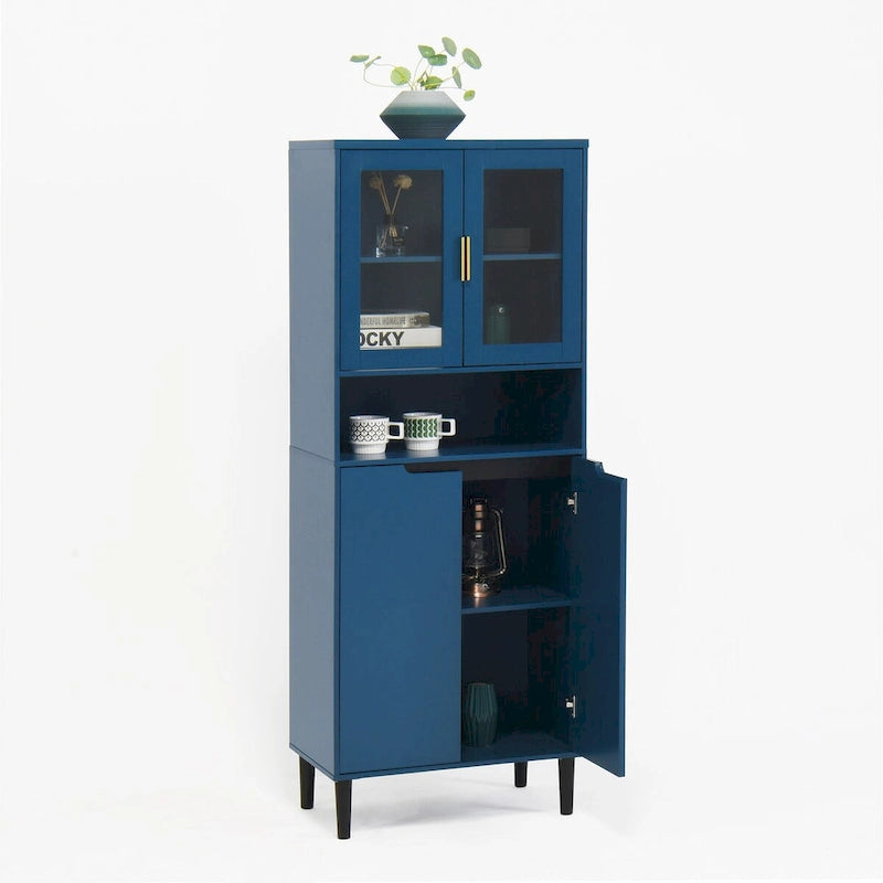 Green/Blue/White Tall Storage Cabinet with Glass Doors, 2-Person Use