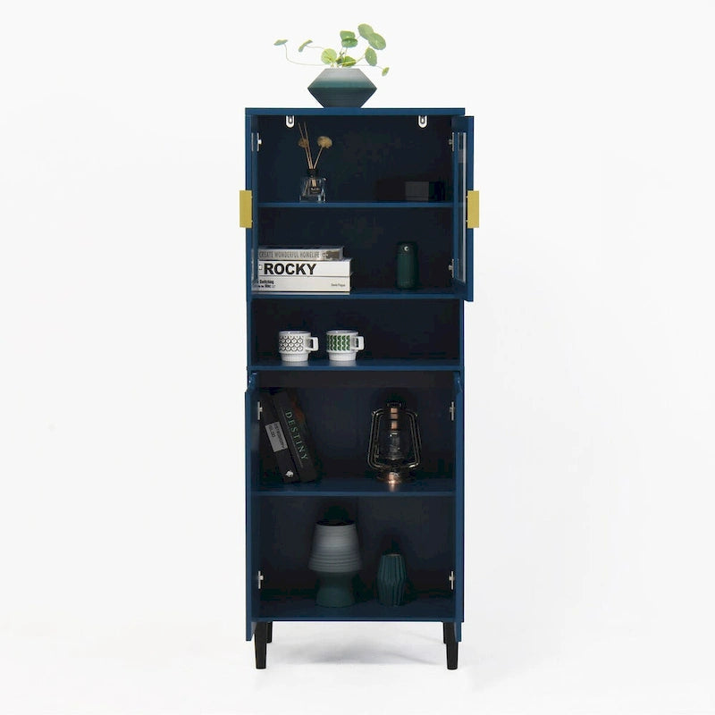 Green/Blue/White Tall Storage Cabinet with Glass Doors, 2-Person Use