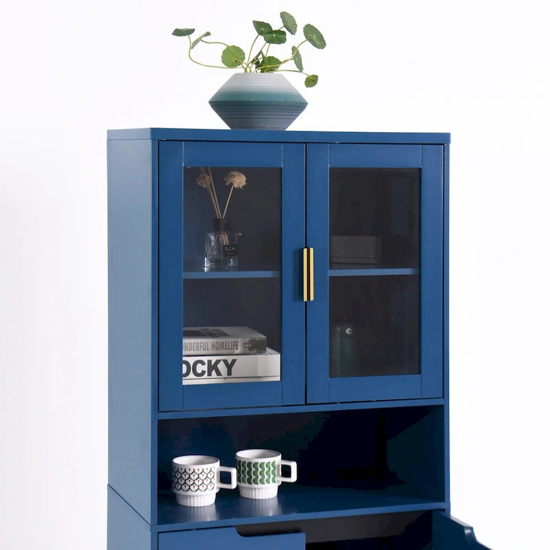 Green/Blue/White Tall Storage Cabinet with Glass Doors, 2-Person Use