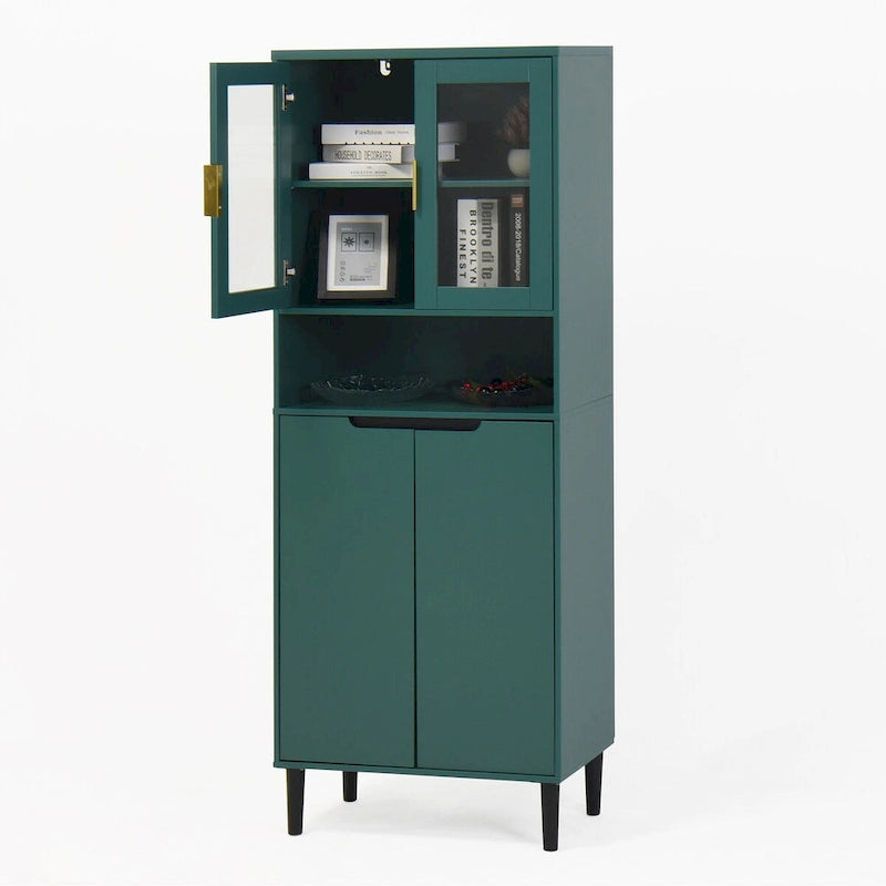 Green/Blue/White Tall Storage Cabinet with Glass Doors, 2-Person Use