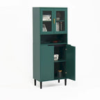 Green/Blue/White Tall Storage Cabinet with Glass Doors, 2-Person Use